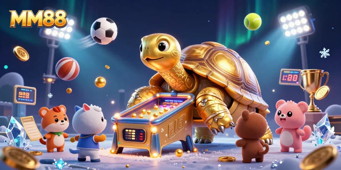 Experience the thrill of MM88 with vibrant gaming elements, showcasing dynamic sports balls and a golden tortoise arcade.