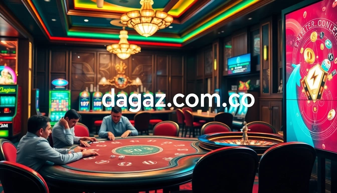 A vibrant casino scene featuring poker tables and slot machines, highlighting dagaz.com.co as a premium gambling destination.