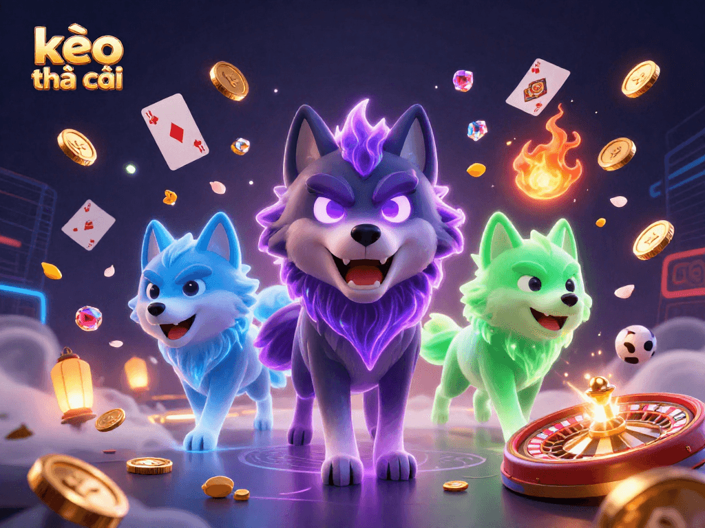 Engage in exciting sports betting with kèo nhà cái, featuring a dynamic scene of wolves and casino elements.