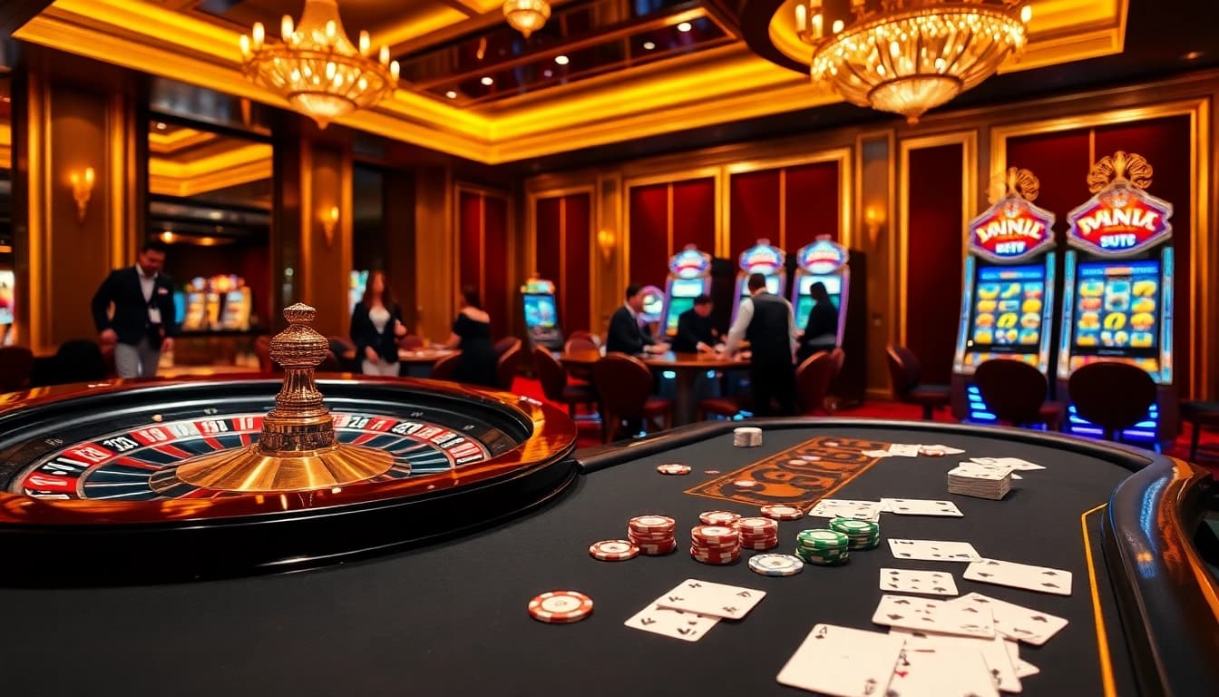 Experience thrilling gameplay at https://bl555.tech/ with a vibrant casino atmosphere featuring poker and slot machines.