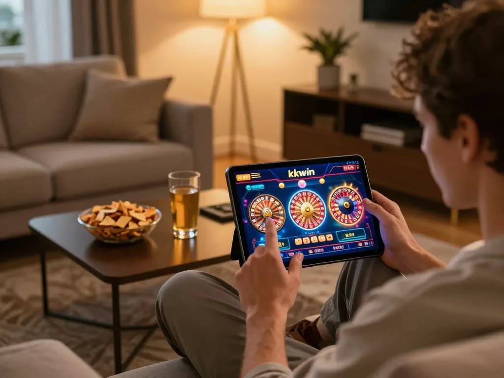 Engaging with kkwin casino on a tablet, showcasing an immersive online gambling experience in a cozy home.