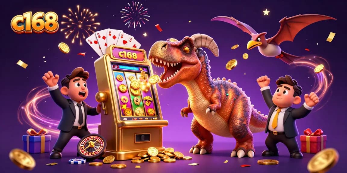 c168 jackpot celebration with dinosaur themes at a colorful casino