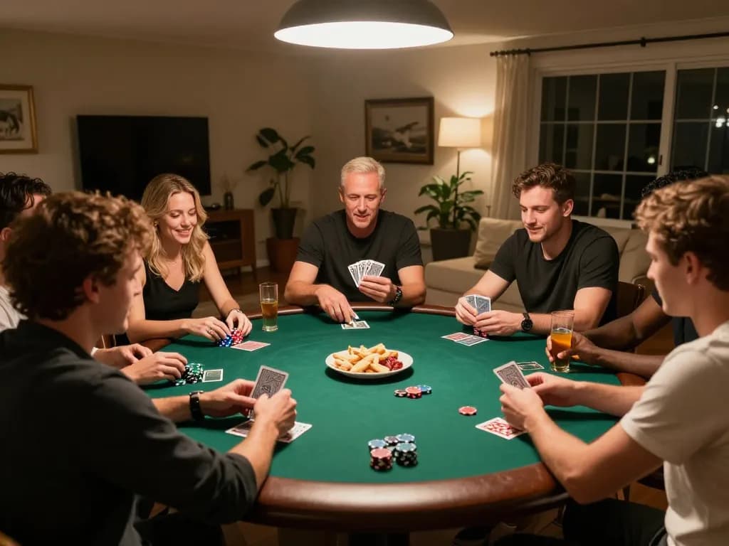 Friends enjoying a home poker night while playing cards at 888top, creating a social gambling atmosphere.