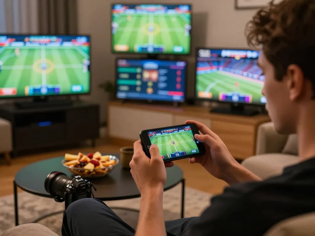 Engaging in fabet sports betting on smartphone with multiple games displayed, cozy atmosphere