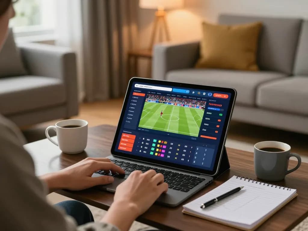 Engaging in sports betting on a tablet in a cozy living room, showcasing trusted trang cá cược bóng đá.