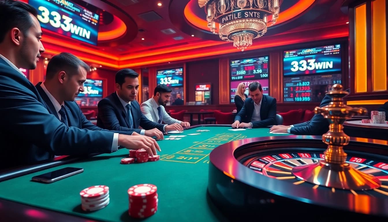 Engaged players at a luxurious poker table showcasing strategic gameplay with 33WIN chips.
