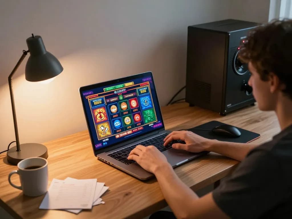 8day user engaging with vibrant online gaming interface on a sleek laptop setup