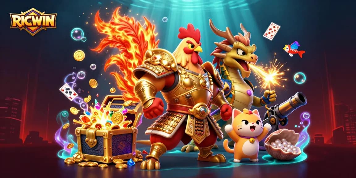 Engage with RICWIN, showcasing a dynamic 3D illustration of rooster and dragon warriors amidst vibrant casino elements.