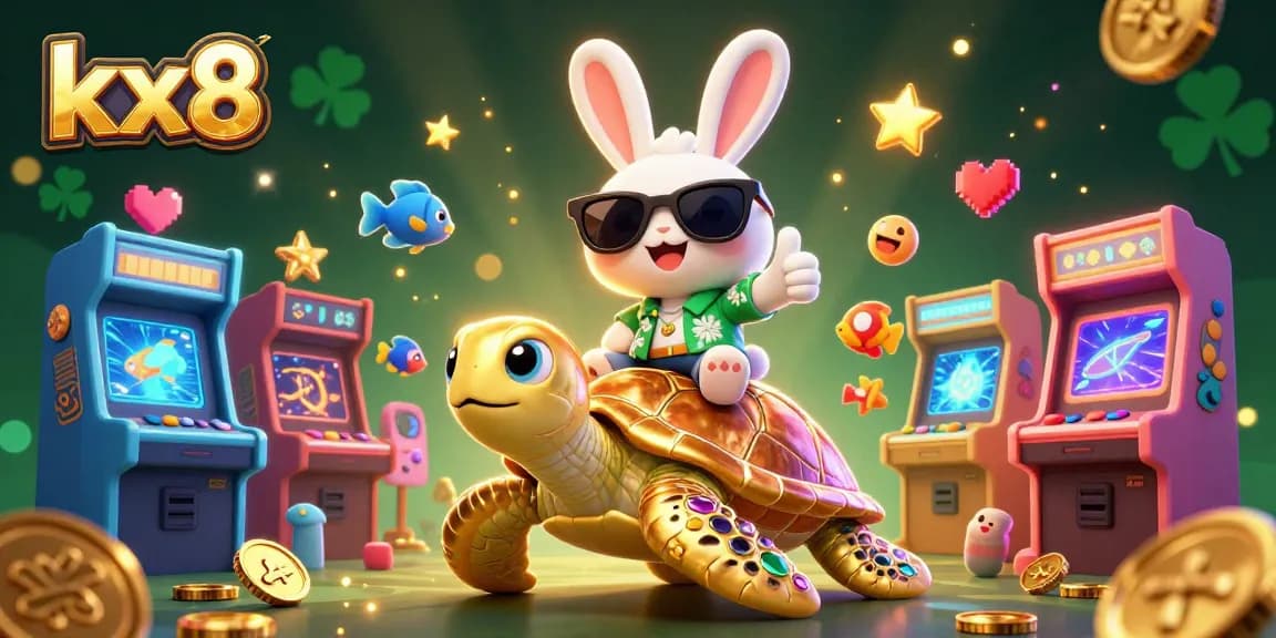 KX8 gaming scene with lucky rabbit and golden turtle amidst dynamic casino elements and vibrant decorations.