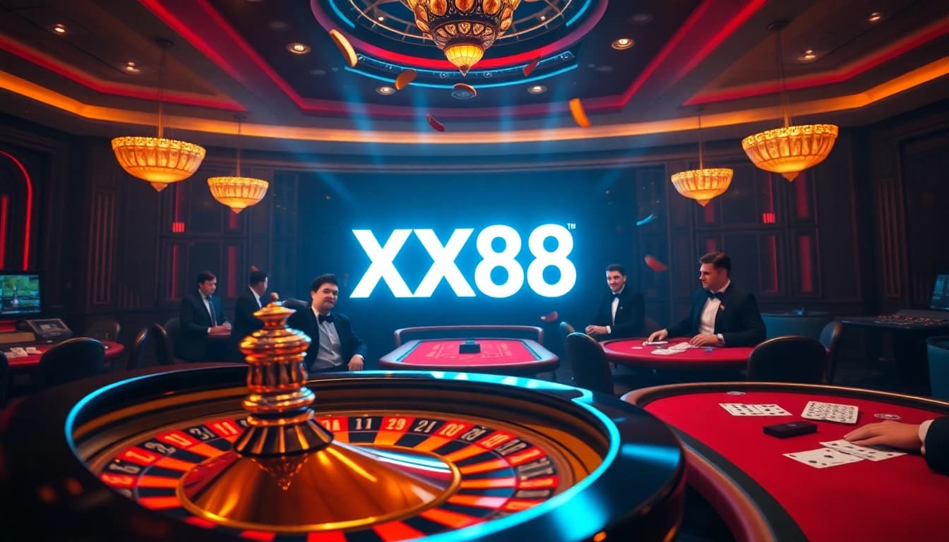 Exciting moment at the XX88 casino with gamblers at a poker table and a roulette wheel.