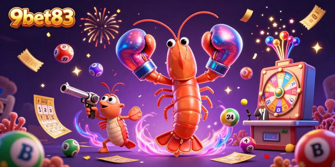 Engage with 9bet83's vibrant gaming scene, featuring lively lottery elements and dynamic characters.