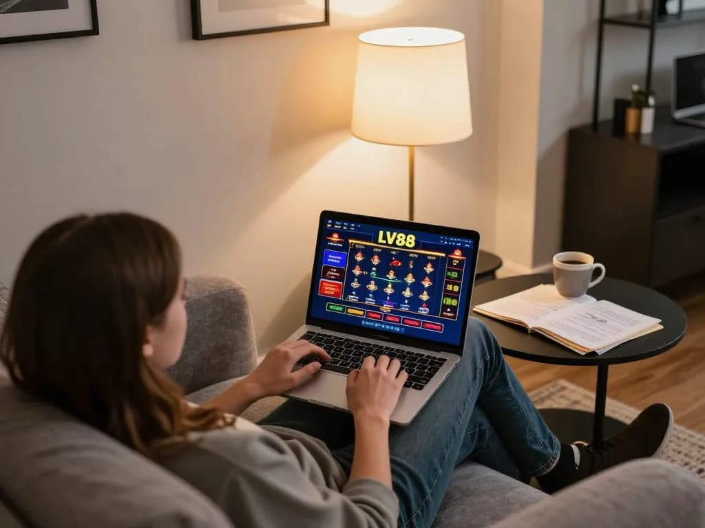 Player engaging with LV88 online casino on a laptop, immersed in a strategic gaming environment.