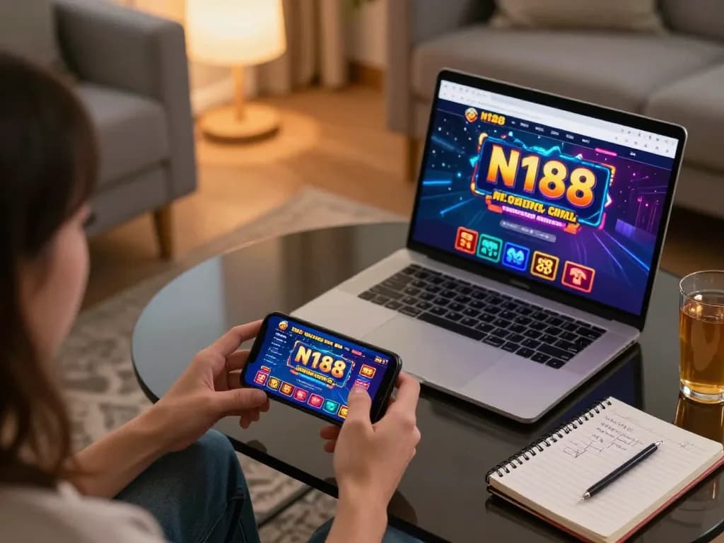 N188 game action view with a player using a smartphone in a cozy living room setting.