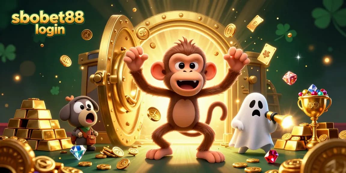 Engage with sbobet88 login at a haunted casino, featuring a ghostly monkey juggling golden treasures.