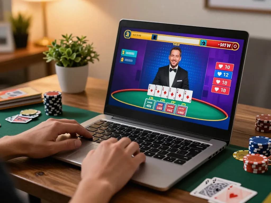Player engaging in debet online blackjack with laptop in cozy home office, showcasing strategic gameplay.