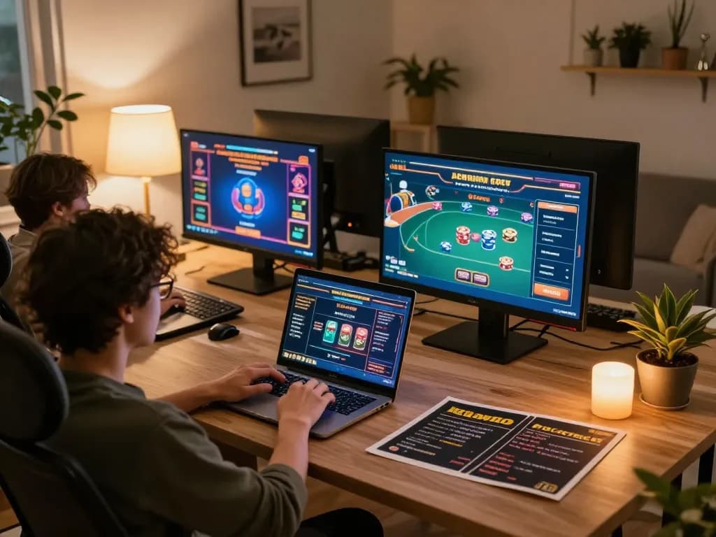 Kuwin virtual casino gaming setup with multiple screens showing engaging games