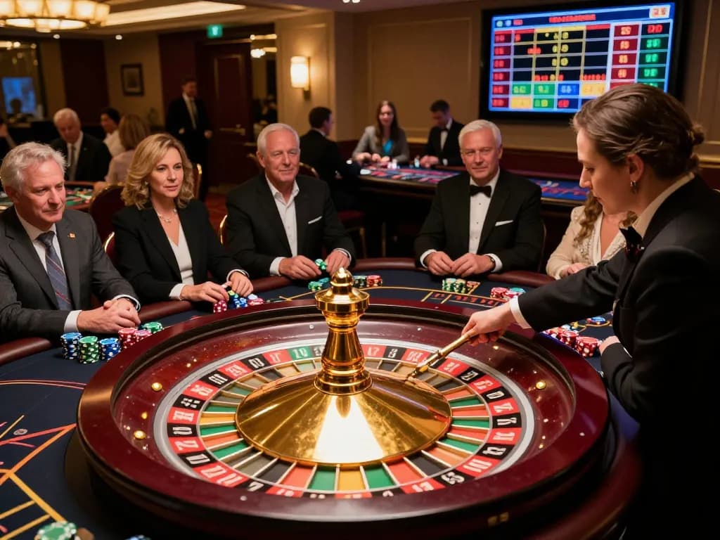Link vào Vin88 shows players excitedly engaging in live roulette at a mesmerizing casino setting