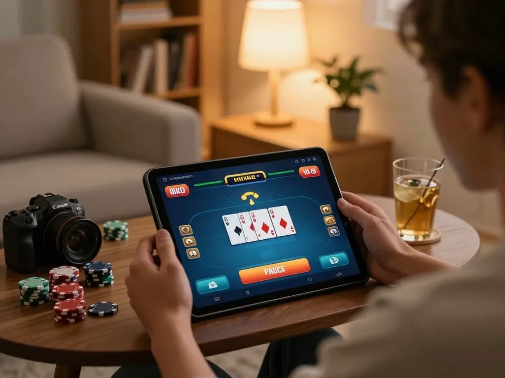 Player engaging in a thrilling online poker game on a tablet at home with 88vv interface displayed.