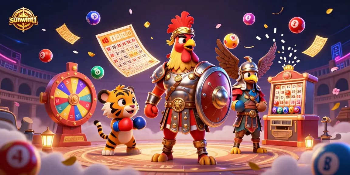 Engage with sunwint1's dynamic world of gaming featuring colorful lottery balls and 3D characters in action.