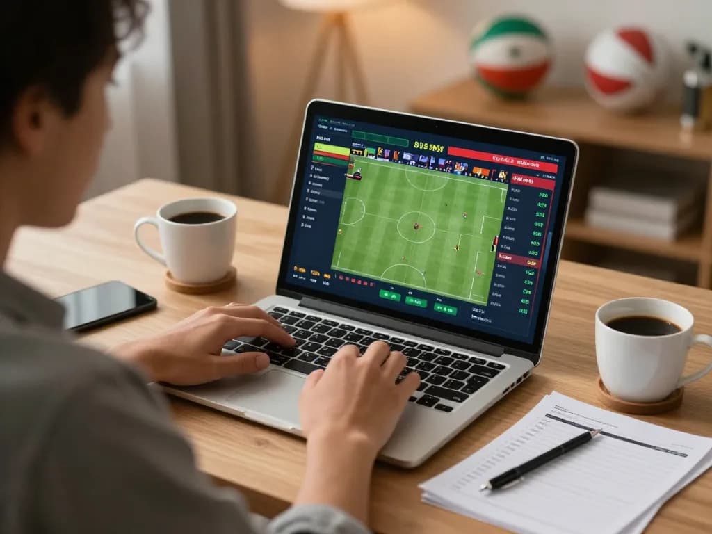 Taisunwin player analyzing odds on laptop while enjoying a coffee in a warm home setting.