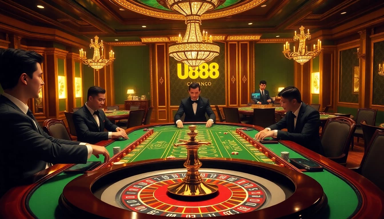 Players engaging in high-stakes poker at a luxurious U888 casino table, showcasing excitement and professionalism.