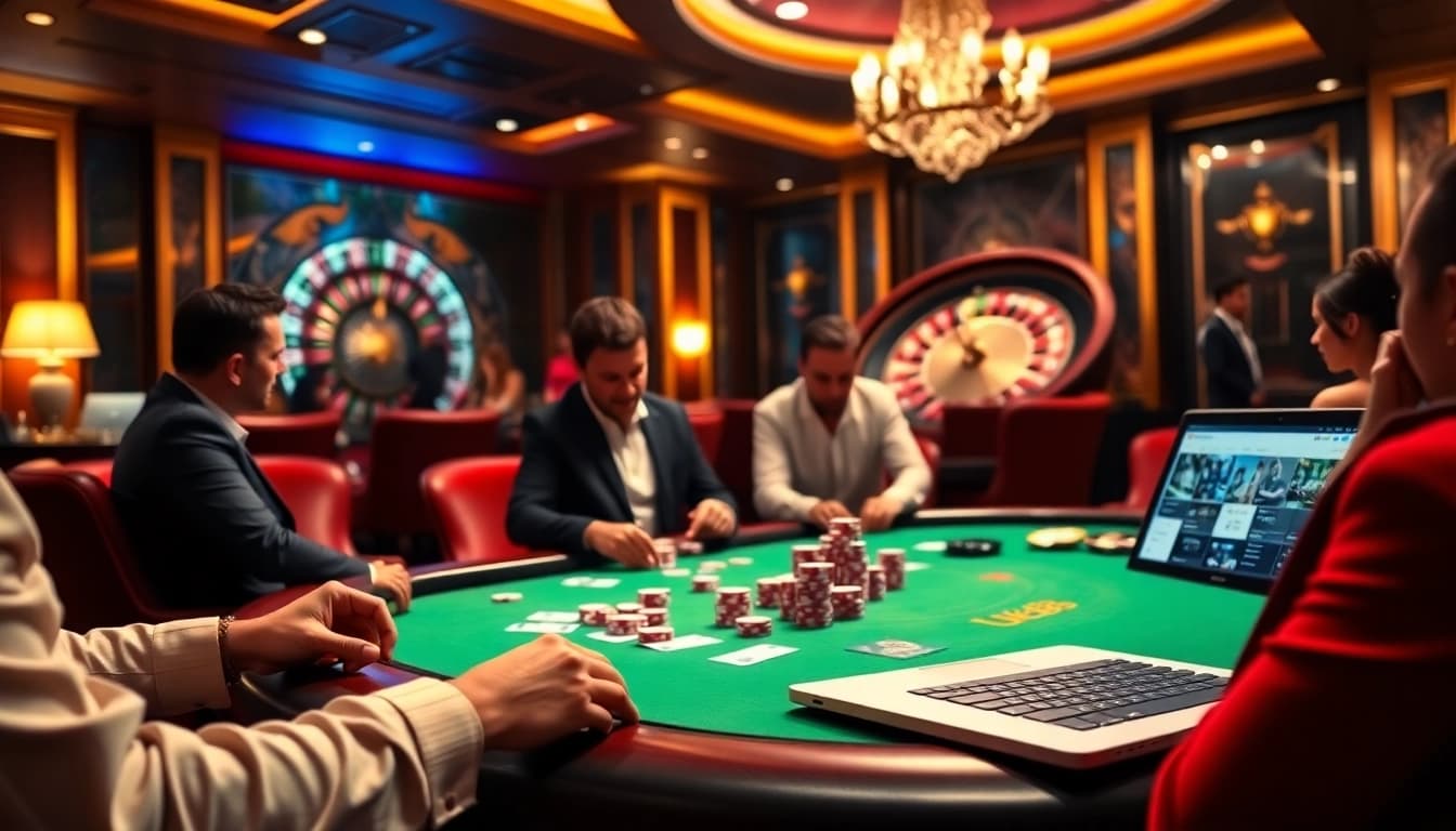 UK88 poker game with vibrant chips and exciting atmosphere in a luxurious casino setting.