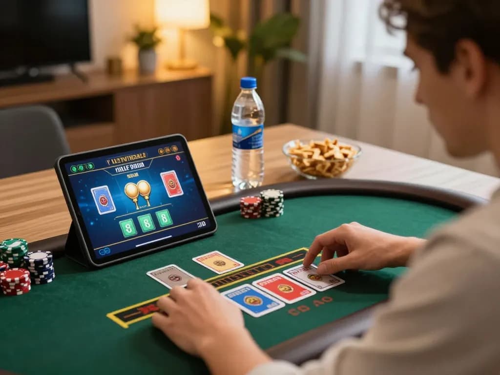 SIN88 online player enjoying live casino gaming while analyzing strategy in a cozy setting