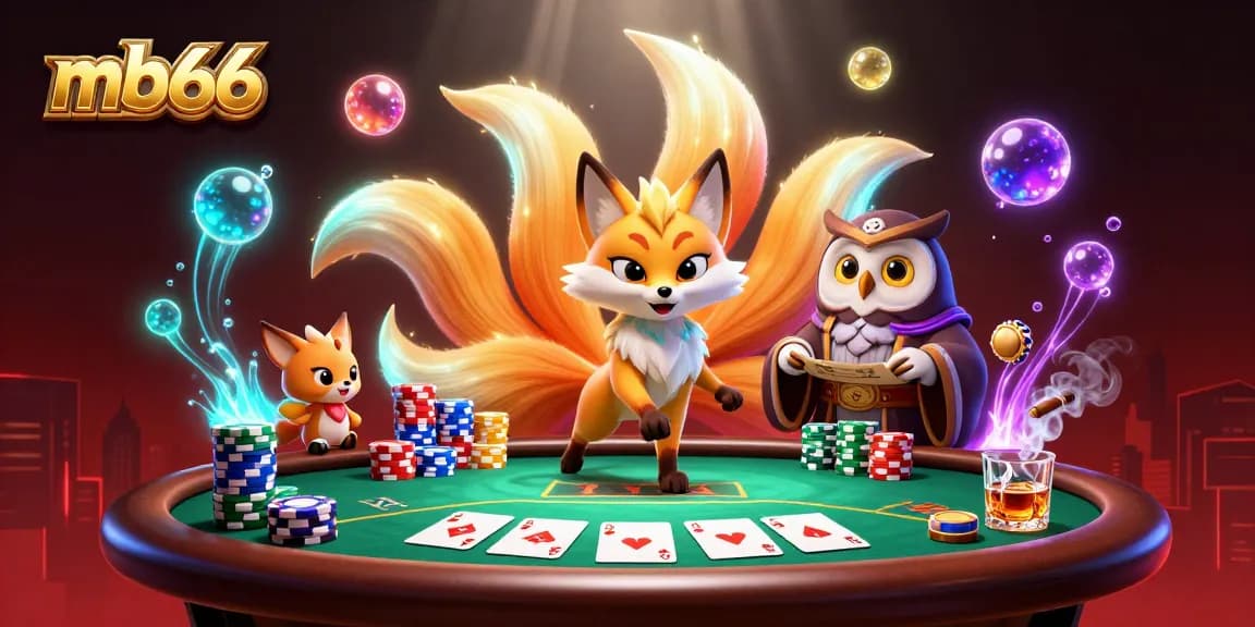 Play with mb66 at the vibrant poker table amid magical spirits and rich casino elements.
