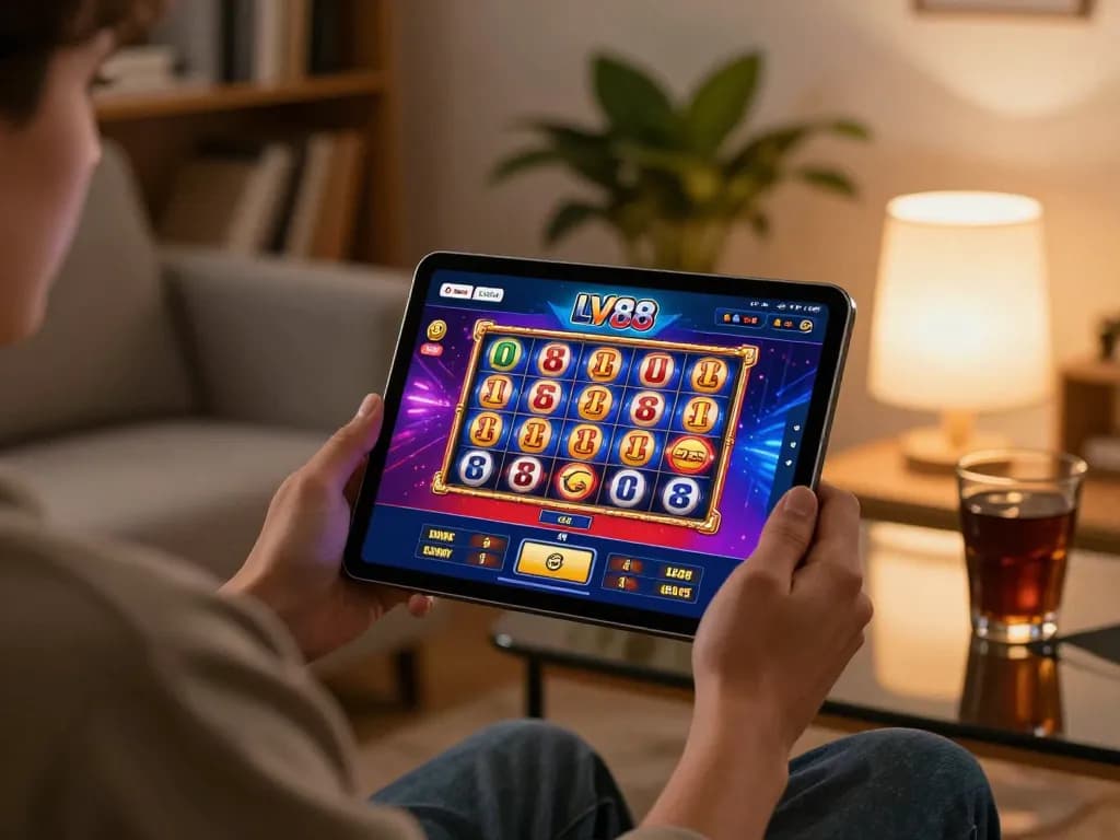 Engaged player explores exciting LV88 com slot app on tablet in cozy home setting