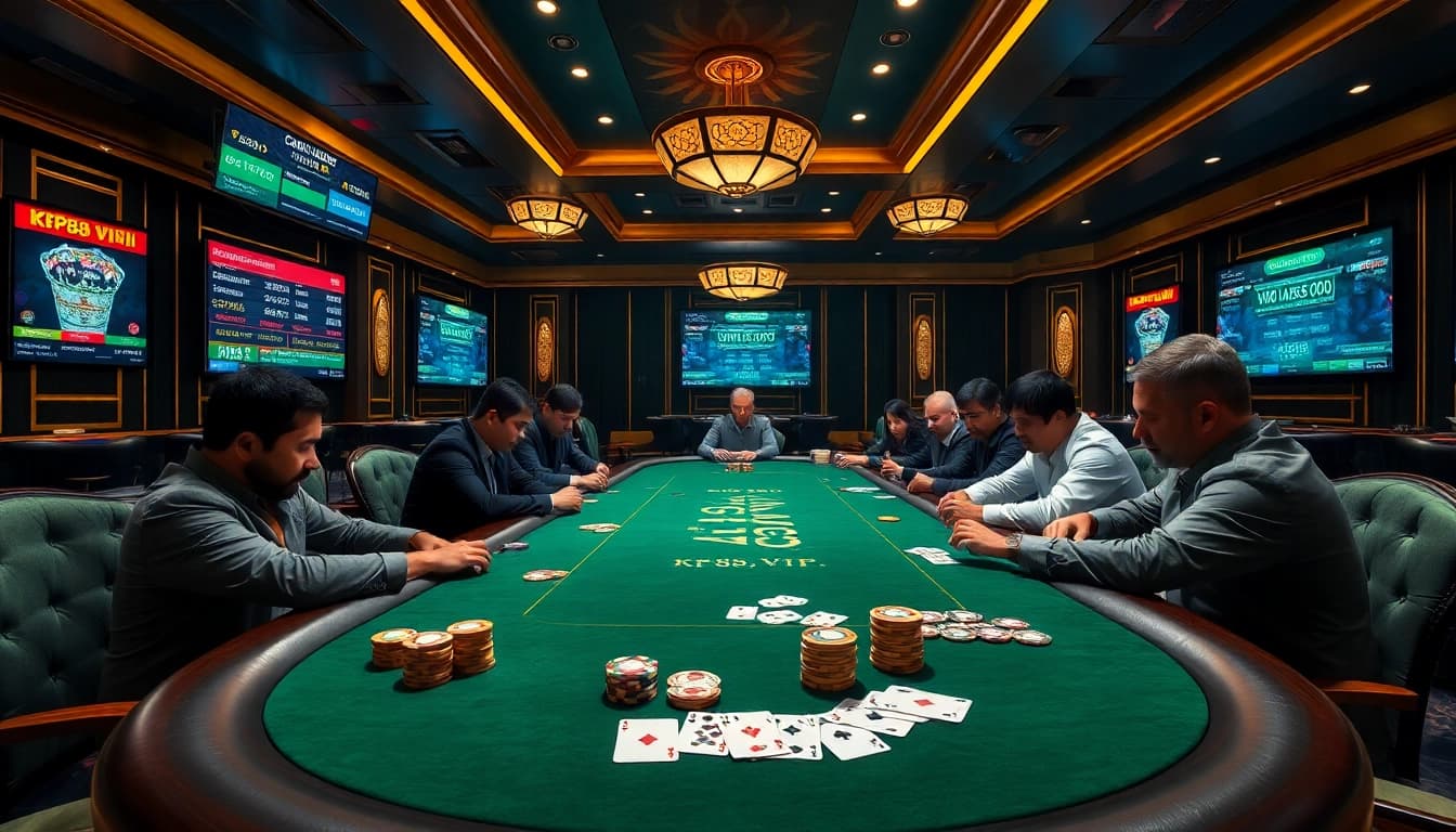 Players engaging at a high-stakes poker table in the luxurious KP88 VIP casino.