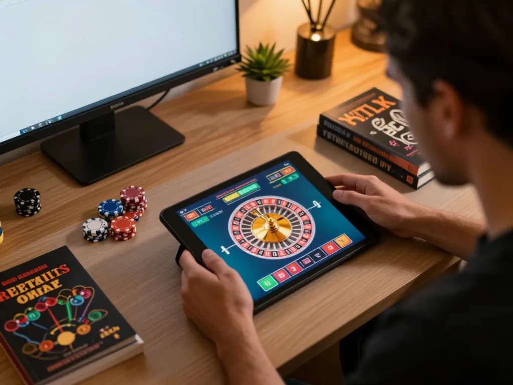 Engaging in live dealer roulette on KP88's mobile gaming platform in a cozy home office.