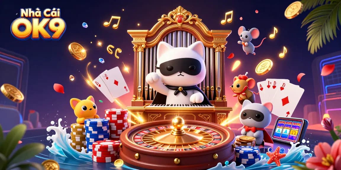 Engage with Nhà Cái OK9's lively casino scene featuring a masked cat and magical elements.