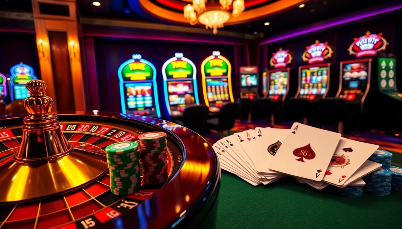 Engaging casino scene highlighting BDTK1 betting action with roulette, poker chips, and online interfaces.