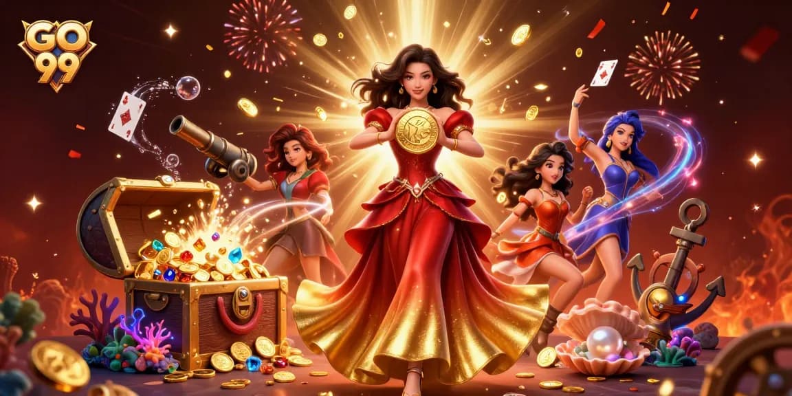 Win big at GO 99 with the stunning golden coin amidst coins and gems in a vibrant casino scene.