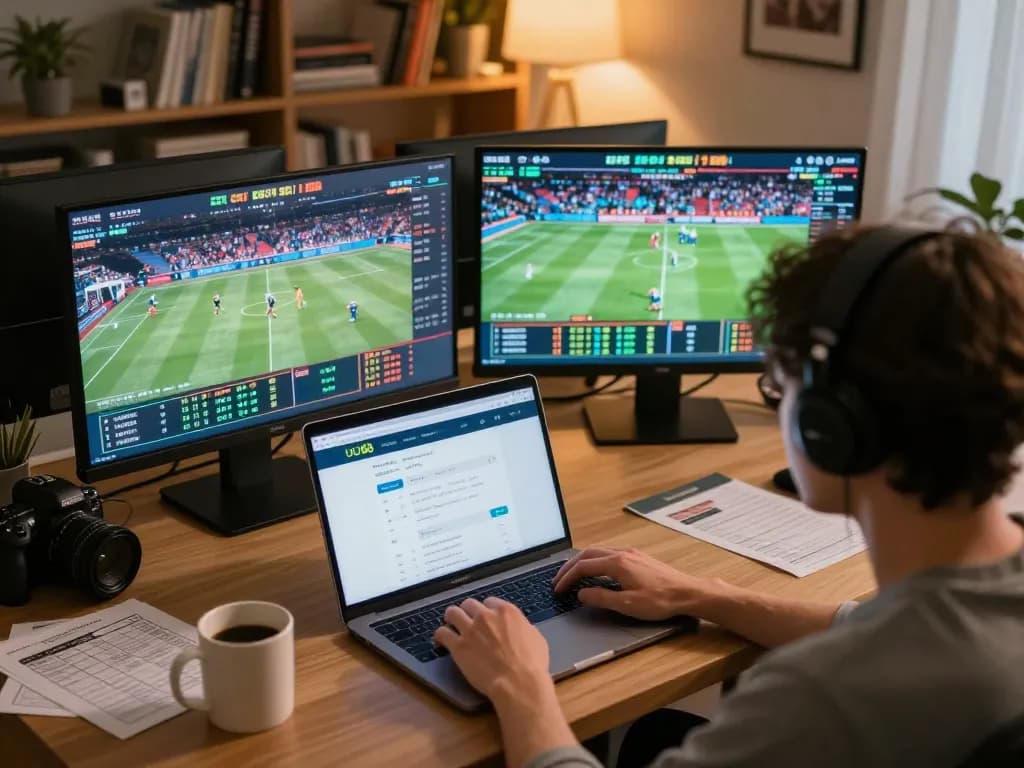 Engaging sports betting with UU88 on a modern home desk during an exciting match.