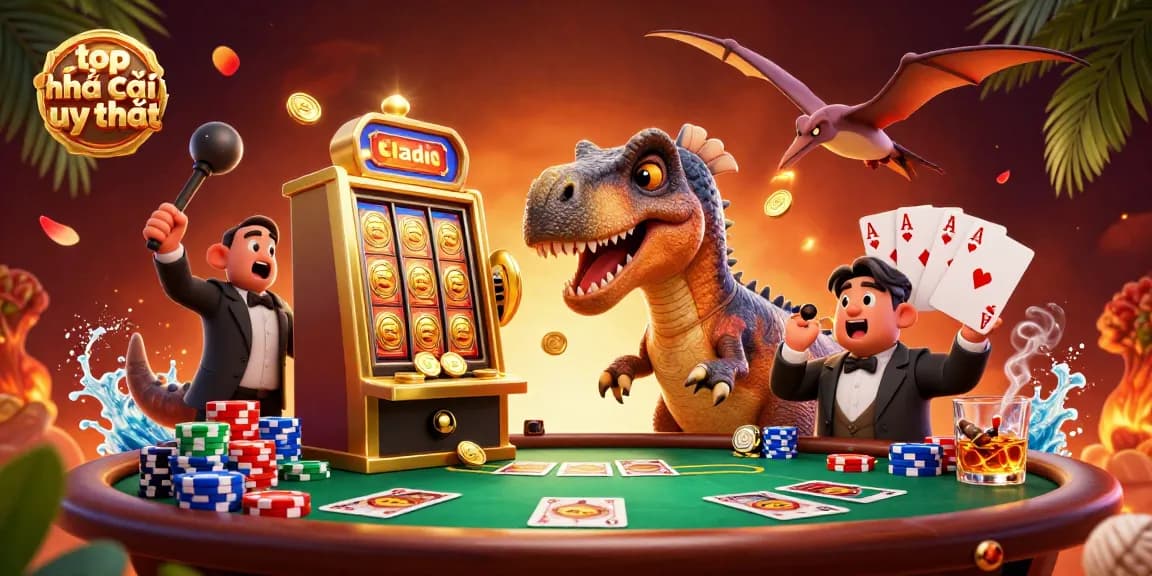 Engage with top nhà cái uy tín while a pachycephalosaurus plays at a golden slot machine surrounded by casino excitement.