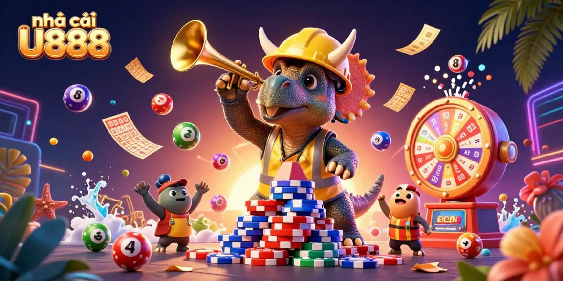 Celebrate winning strategies at Nhà cái U888 with vibrant casino-themed 3D artwork.