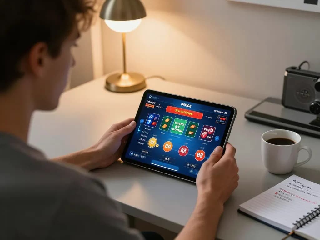 Engaged player using vk88 tablet for online casino poker experience at home