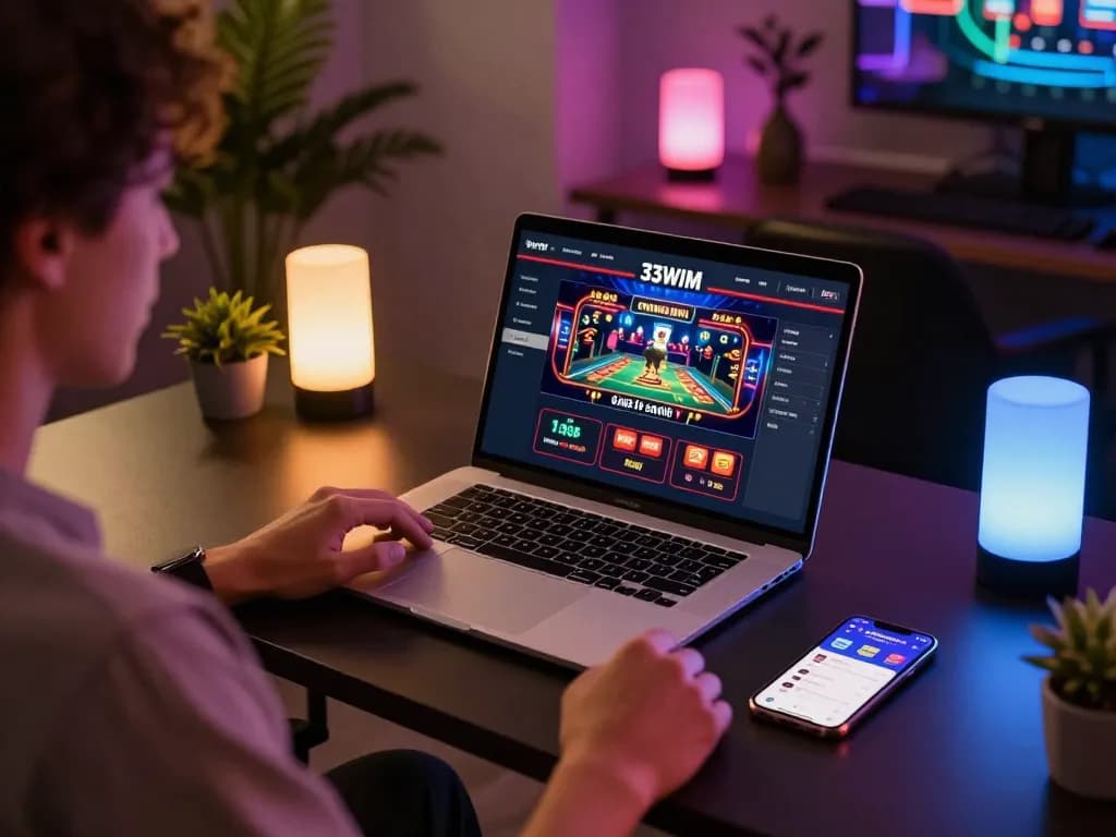 Engaging in online gaming on 33WIM app with vibrant LED lighting and modern setup.