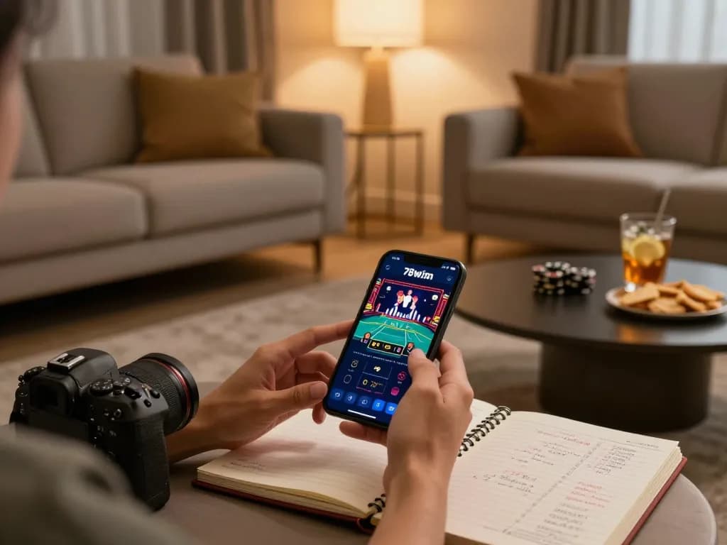 Engaging with the 78wim mobile app for live baccarat gameplay at home.
