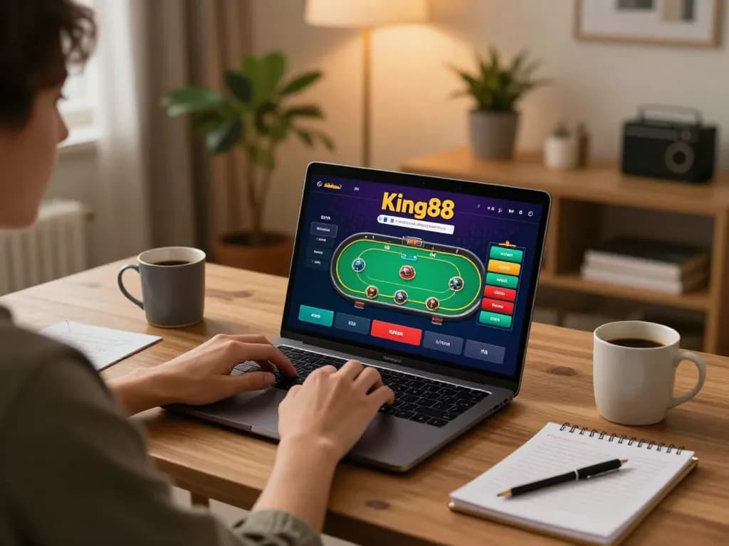 Engaging with King88's online poker game on a cozy home desk, showcasing strategic gaming.