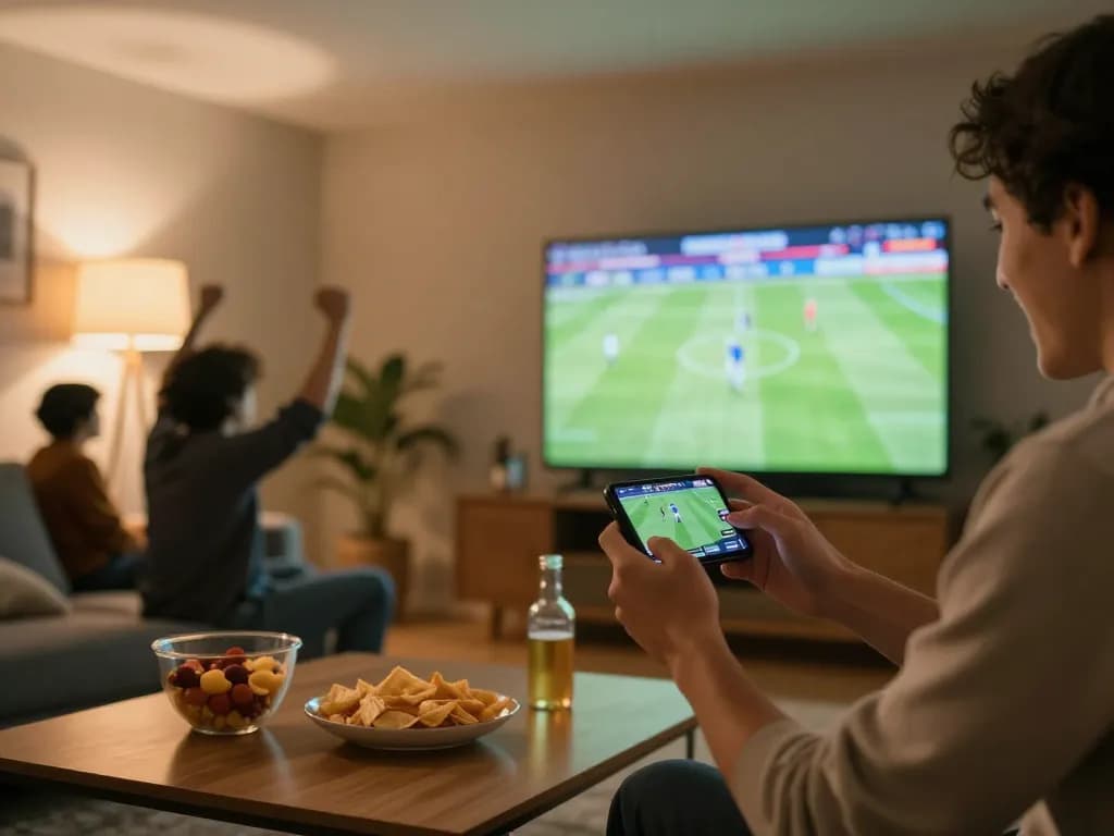 Socolive sports betting experience at home with friends cheering and enjoying a soccer match