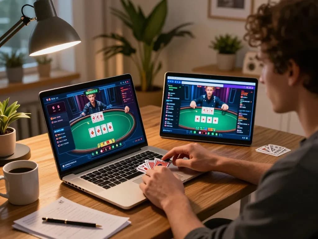 Engaging in poker on 79king during a cozy evening at home, showcasing strategy notes and interactive gameplay.