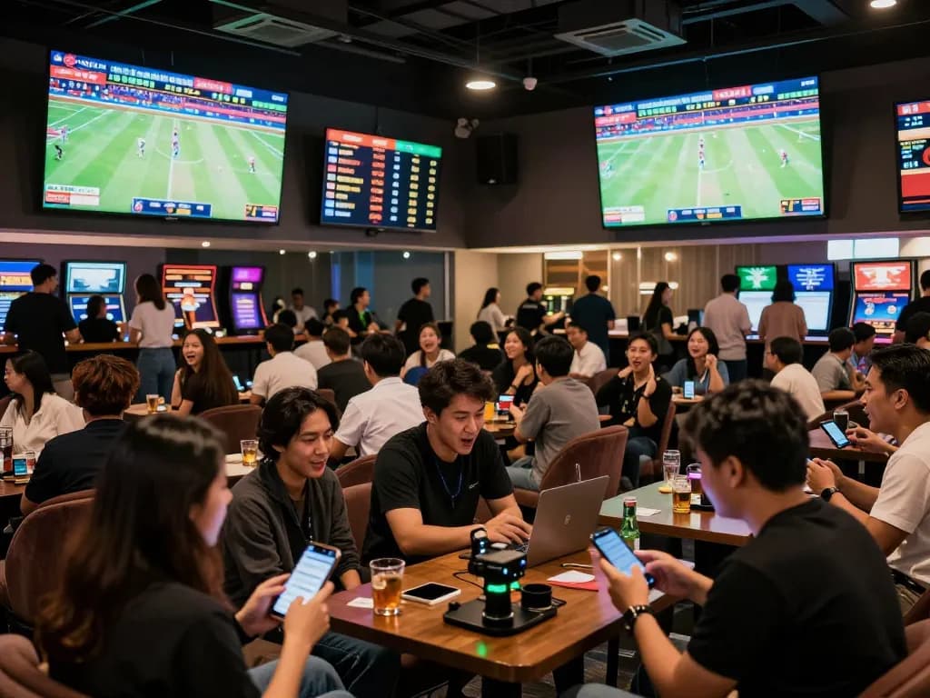 Fans placing bets at keonhacai5 in a vibrant sports betting venue with live matches.