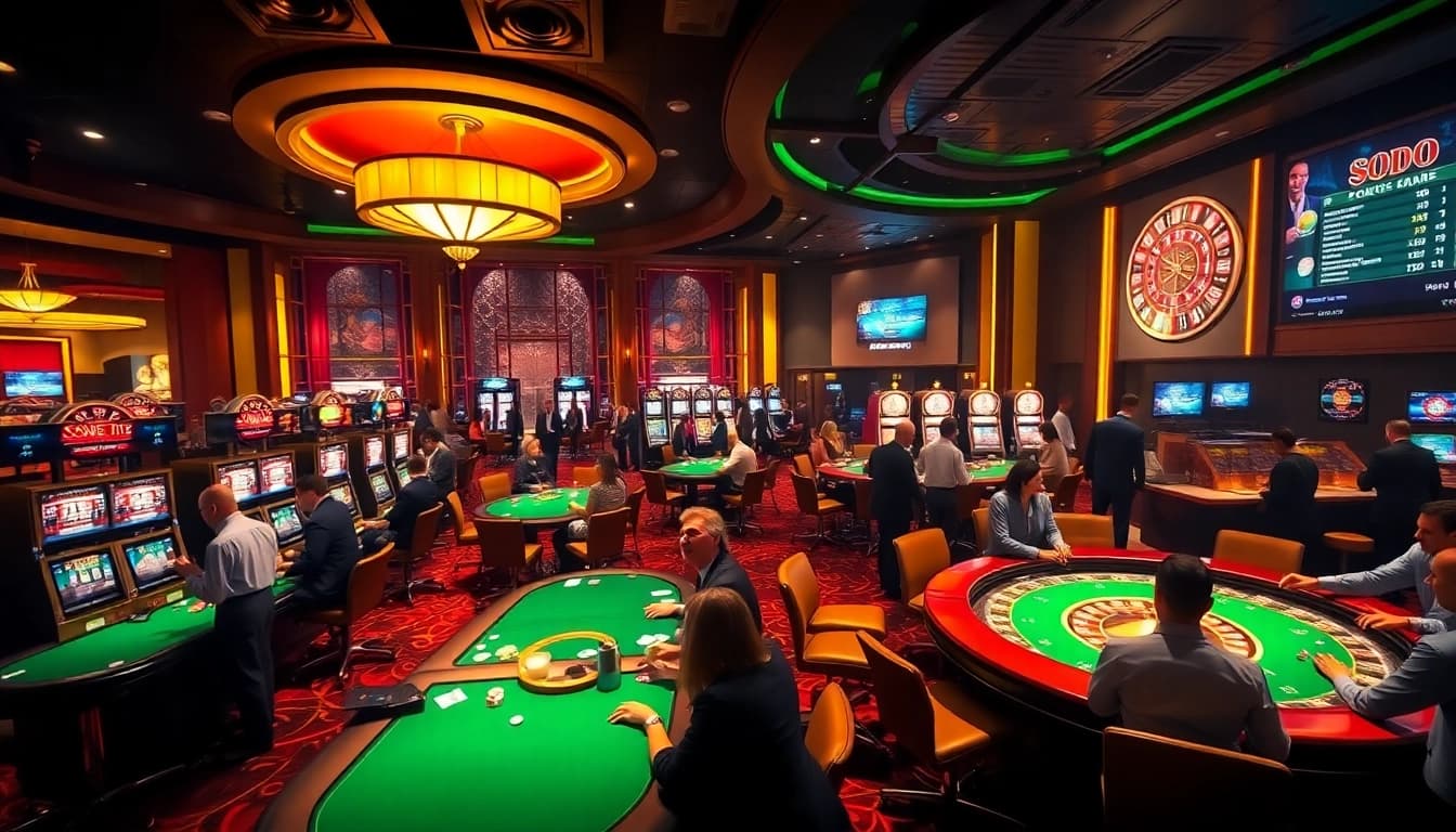 Experience the thrill of SODO as players engage at luxurious casino tables in a sophisticated setting.
