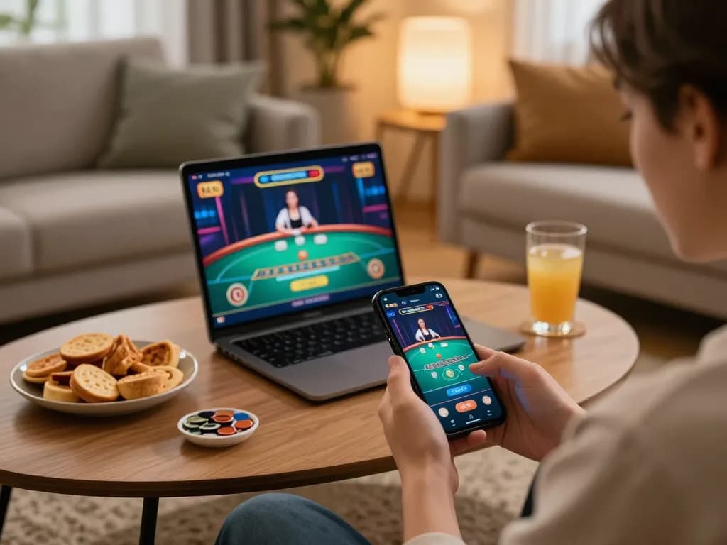 Engaging in online gaming with nk88 com app on smartphone while enjoying a cozy home atmosphere.