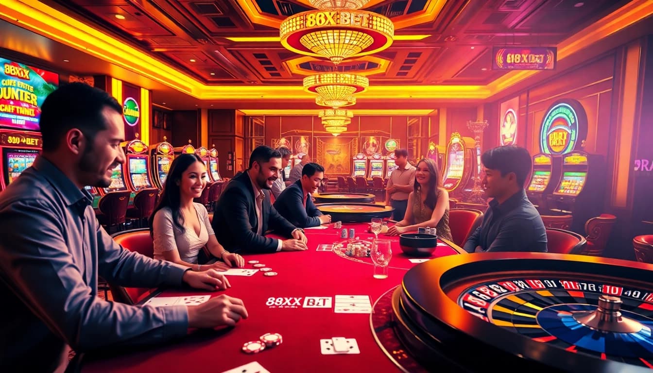 Engage with thrilling gaming action at 88XX BET, showcasing players at poker tables and exciting slot machines.