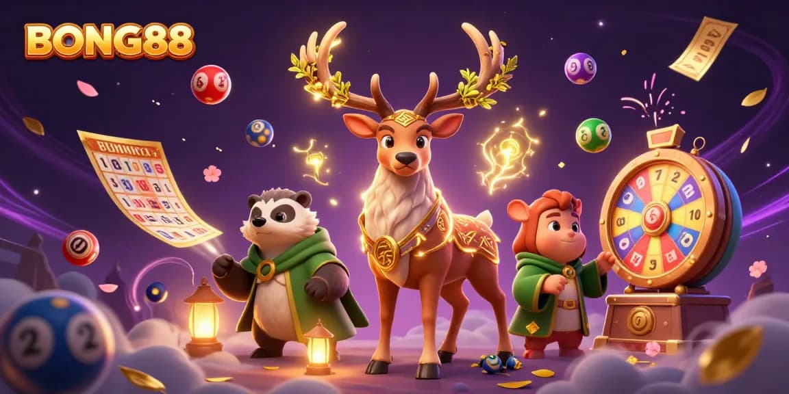 Experience exciting games with BONG88, featuring vibrant lottery balls, prize wheels, and magical elements.
