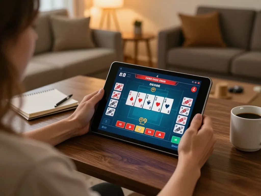 NOWGOAL user engaging in an online poker game on a tablet during a cozy home setting.