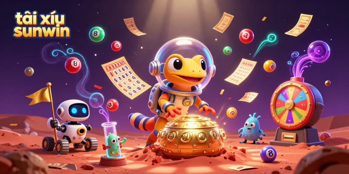 Engaging tài xỉu sunwin gaming scene with a Martian gecko discovering a buried casino amidst dynamic lottery elements.